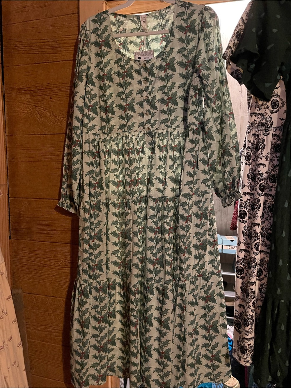 kate quinn Light Green Prairie Dress with Dark Green Holly and Red Berry Print